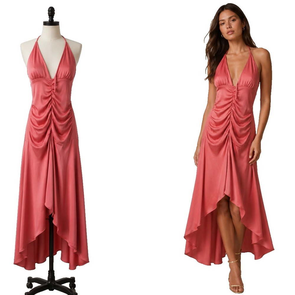 Vintage 90s Epilogue Halter Dress Womens Small Pink Asymmetric Party Evening